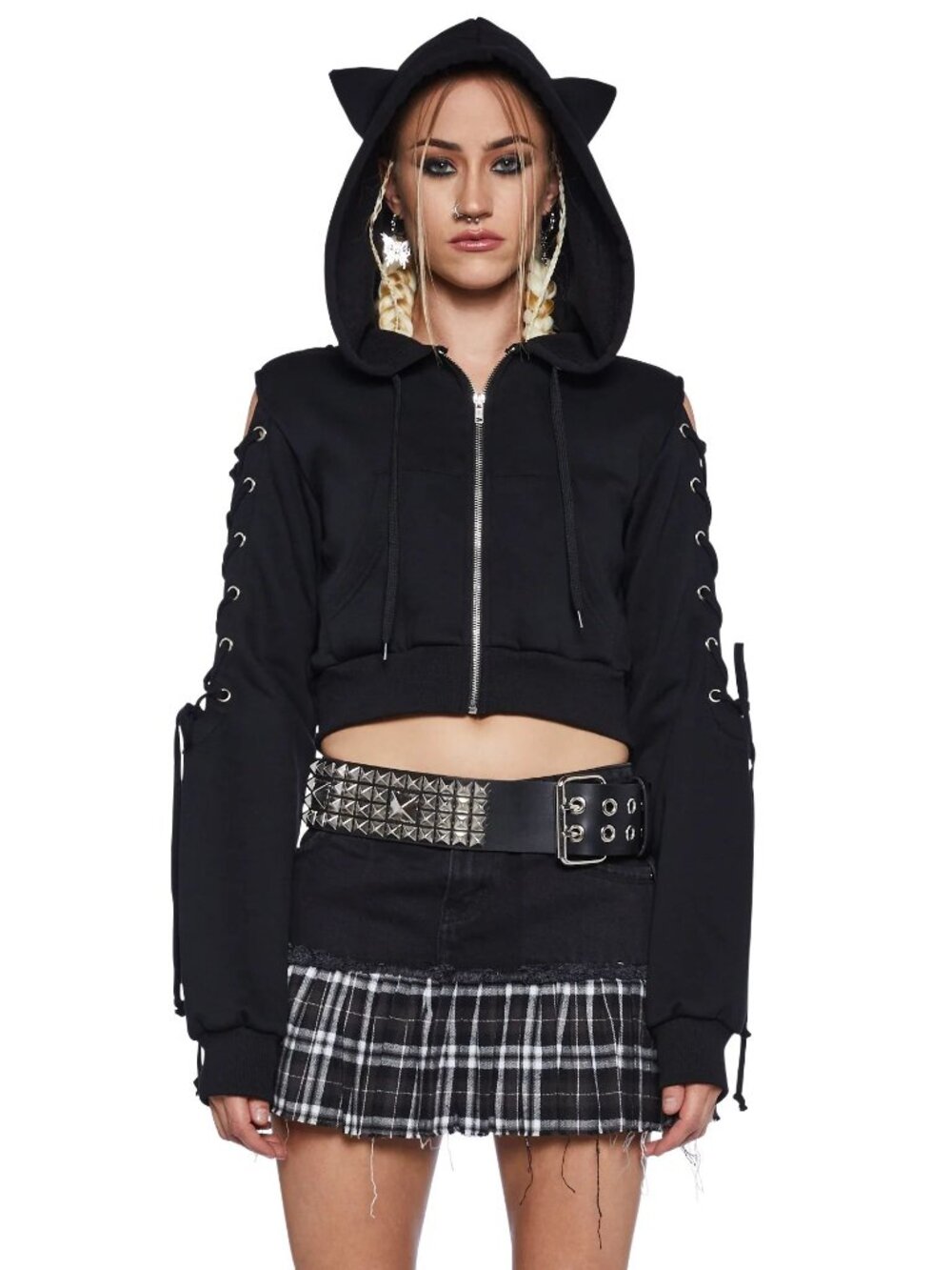 DOLLS KILL CURRENT MOOD Kitty Karma Lace-Up Hoodie SOLD OUT Goth Rave Cropped M